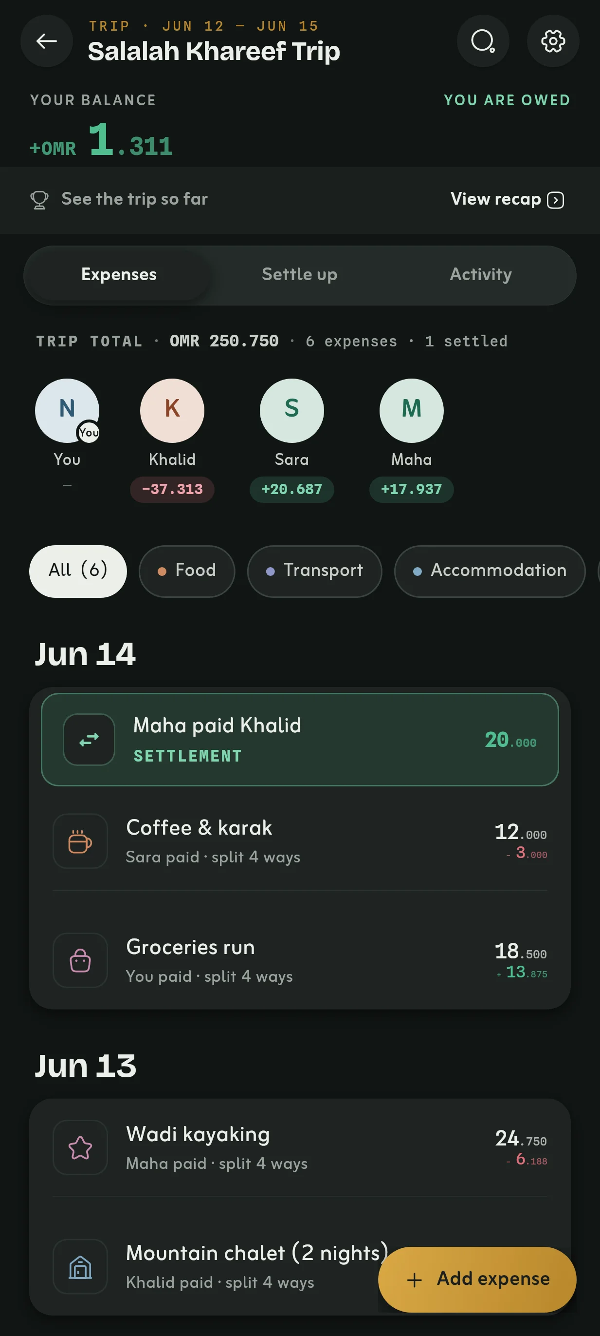 Rihla demo: a group trip ledger with shared expenses and balances.