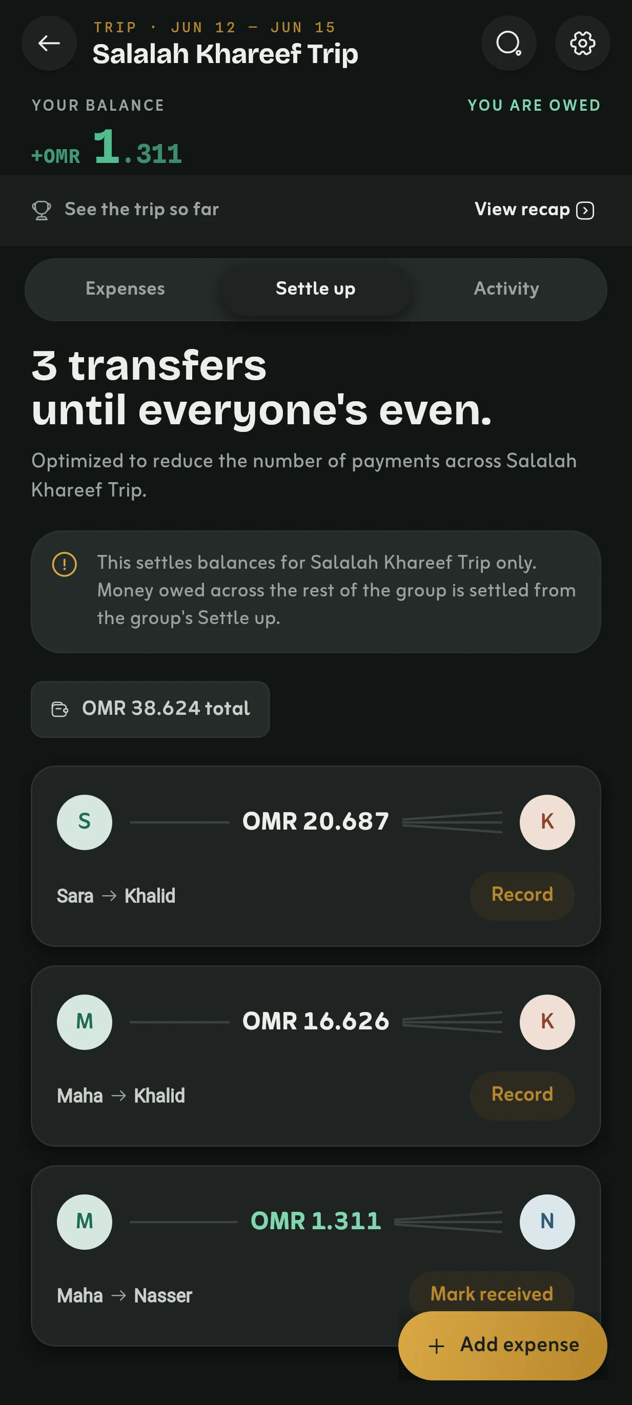 Rihla demo: settling the group's balances with three transfers.